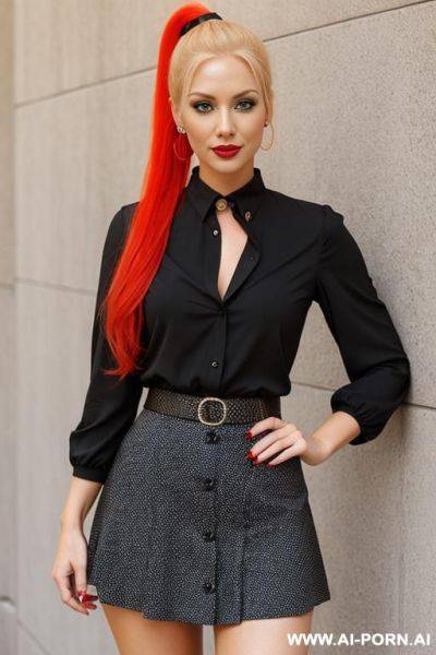 Blonde hair, 0s ponytail, red hair band, black polka dot skirt, front view, black blouse, - ai-porn.ai on pornsimulated.com