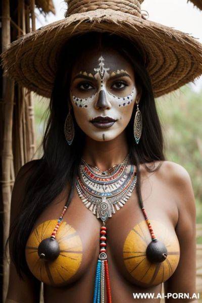 Inland tribal woman, body full of traditional paint, big breasts, skull necklace - ai-porn.ai on pornsimulated.com