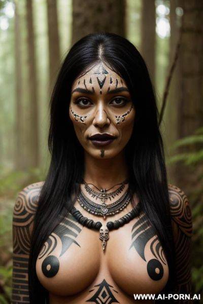 Inland tribal woman, body full of traditional tatto paint, big breasts, skull necklace, inland forest - ai-porn.ai on pornsimulated.com