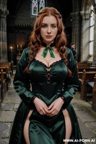 Standing in a lovly gothic church, wearing a long modest wedding dress, - ai-porn.ai on pornsimulated.com