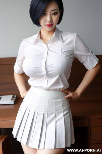 Thai, 1, white shirt, navy pleated skirt, short hair, big breasts - ai-porn.ai - Thailand on pornsimulated.com