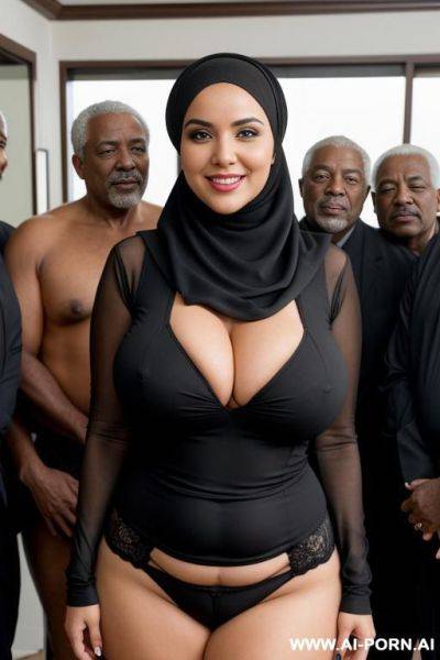 Smiling curvy busty wife with huge boobs wearing hijab standing surrounded by many black old men - ai-porn.ai on pornsimulated.com