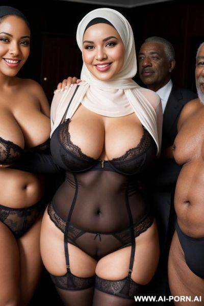 Smiling curvy busty wife with huge boobs wearing hijab and lingerie standing surrounded by many black old men - ai-porn.ai on pornsimulated.com