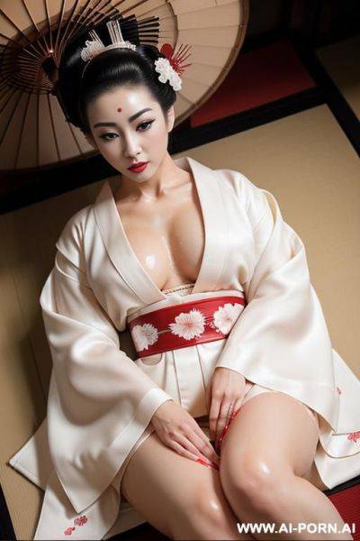 (ultra-realistic, life-like photograph of ((a beautiful, kawaii geisha) lying on the floor, spreading her legs wide open, fully exposing her (wet crotch) and (sore, gaping vagina))), (ultra-realistic - ai-porn.ai on pornsimulated.com