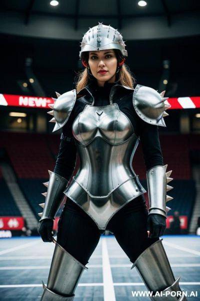 Woman in steel spiky armour in a steel arena. steel helmet with visor. speedball. - ai-porn.ai on pornsimulated.com