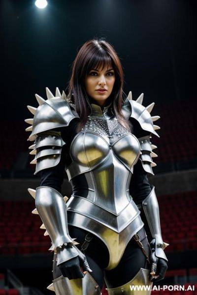 Woman in steel spiky armour in a steel arena. - ai-porn.ai on pornsimulated.com