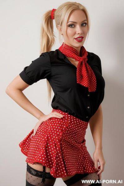 Blonde hair, 0s ponytail, red bandana, black polka dot skirt, front view, black blouse, full body - ai-porn.ai on pornsimulated.com