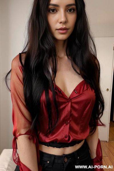 Woman long hair red blouse selfie - ai-porn.ai on pornsimulated.com