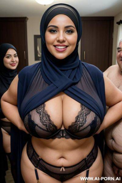 Smiling curvy busty wife with huge boobs wearing hijab and lingerie standing surrounded by many fat old men - ai-porn.ai on pornsimulated.com