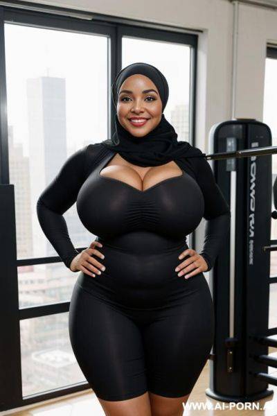 Smiling curvy busty wife with huge boobs wearing hijab fully naked standing with black guy in gym - ai-porn.ai on pornsimulated.com