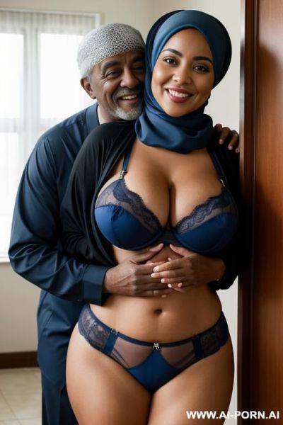 Smiling curvy busty wife with huge boobs wearing hijab and blue lingerie hugged from black old man standing - ai-porn.ai on pornsimulated.com