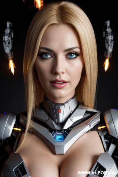 Damaged blonde robot, robotic parts and sparks visible inside damaged chest, huge tits, partly robotic face - ai-porn.ai on pornsimulated.com