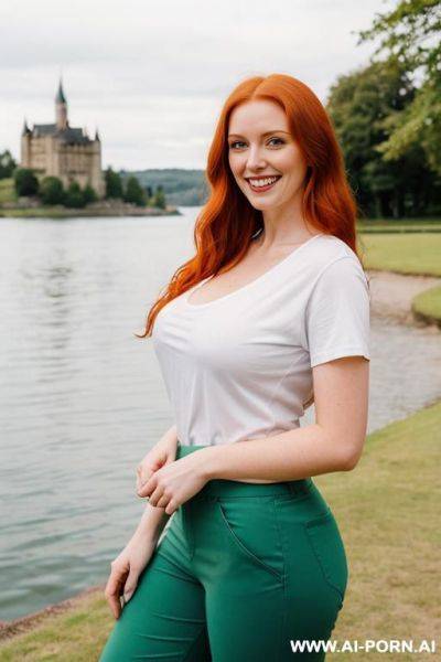 Beautiful woman, british, redhead, medium hight, mid 20s, long hair, natural boobs, big ass, in front of a lake with a british castle in background, white t-shirt, green pants, - ai-porn.ai - Britain on pornsimulated.com