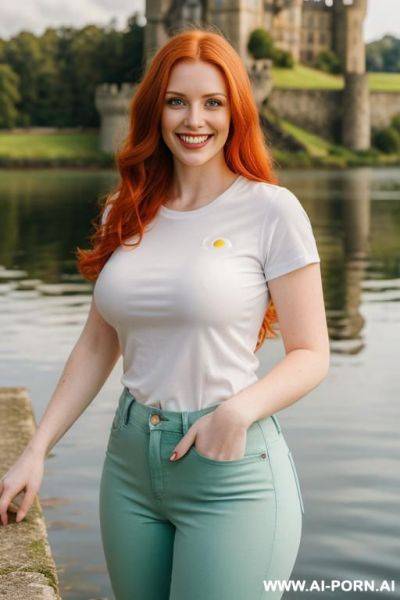 Beautiful woman, british, redhead, medium hight, mid 20s, long hair, natural boobs, big ass, in front of a lake with a british castle in background, white t-shirt, green pants - ai-porn.ai - Britain on pornsimulated.com