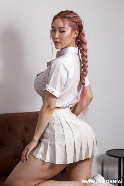 A half-korean + half-japanese supermodel, gorgeous and 15cm tall, wearing ((((a relaxed-fit white cotton shirt, buttoned up to the collar, paired with a matching pleated skirt that falls just above - ai-porn.ai - Japan - North Korea on pornsimulated.com