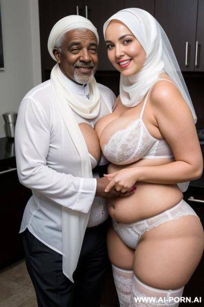 Smiling curvy busty white wife with huge boobs wearing hijab and white underwear standing and hugged from black old man - ai-porn.ai on pornsimulated.com