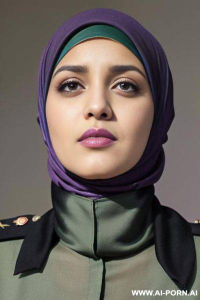 (((mu, half purple hijab, black hair, green eyes and looking up, 1 old years, stand up))), ((sexy uniform military, hands cuffed nas crying)) - ai-porn.ai on pornsimulated.com