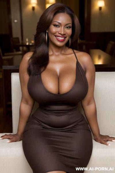 Actor famous fucked, extreme long strong voluminous hair, (((extremely gigantic boobs))), boobs falling out, gold dress ultra deep v cut, beautiful lips, relaxing on a sofa - ai-porn.ai on pornsimulated.com