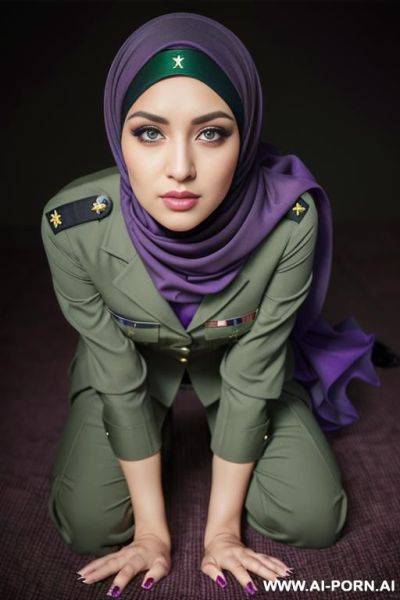 (((mu, half purple hijab, black hair, green eyes and looking up, 1 old years, stand up))), ((sexy uniform military, hands cuffed)) - ai-porn.ai on pornsimulated.com