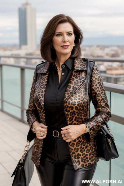 Leopard pattern leather coat, black leather trousers, high resolution picture, very detailled face, highly closed blouse, on a m sunny terrace - ai-porn.ai on pornsimulated.com