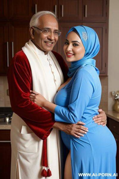 Smiling curvy busty white wife wearing hijab and red robe showing blue underwear standing and hugged from indian old man - ai-porn.ai - India on pornsimulated.com