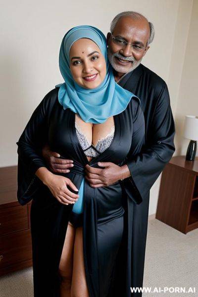 Smiling curvy busty white wife wearing hijab and black robe showing blue underwear standing and hugged from indian old man - ai-porn.ai - India on pornsimulated.com