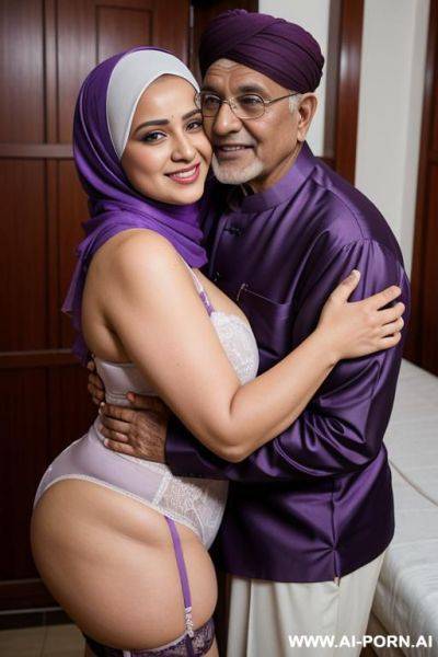 Smiling curvy busty white wife wearing hijab and purple lingerie standing and hugged from indian old man - ai-porn.ai - India on pornsimulated.com