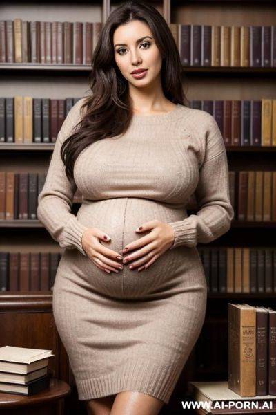 Pregnant sweater dress, breasts resting on books - ai-porn.ai on pornsimulated.com