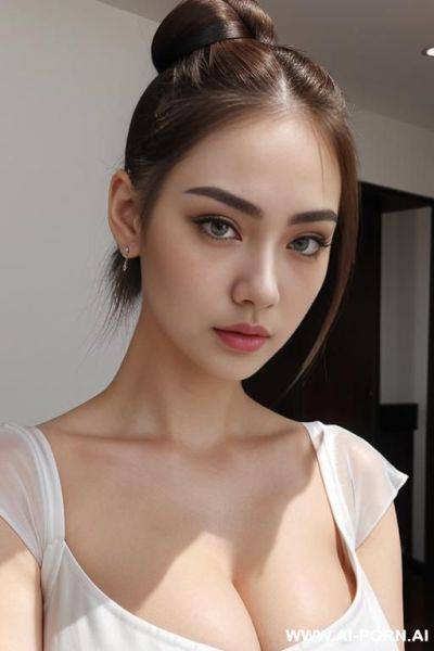 Light & pallid skin, (cropped top with cap-sleeve), (white skin & pallid), round face, (compact hair-bun), (teardrop oversized saggy breasts), (pallid voluptuous), (cleavage line) - ai-porn.ai on pornsimulated.com