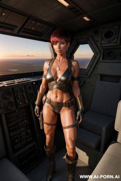 Mature woman. tanned. military necklace, earrings, bracelet, thigh chain. anklet. high heels. - ai-porn.ai on pornsimulated.com