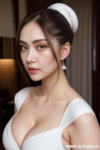 Light & pallid skin, (cropped cap-sleeve), (white skin & pallid), round face, (compact hair-bun), (teardrop oversized saggy breasts), (pallid voluptuous), (cleavage line) - ai-porn.ai on pornsimulated.com