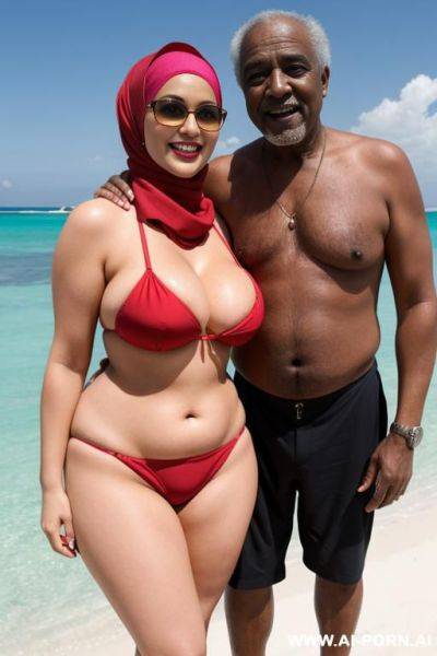 Smiling curvy busty white wife wearing hijab and red bikini standing and hugged from black old man - ai-porn.ai on pornsimulated.com