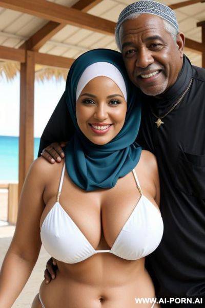 Smiling curvy busty white wife wearing hijab and colored bikini standing and hugged from black old man - ai-porn.ai on pornsimulated.com