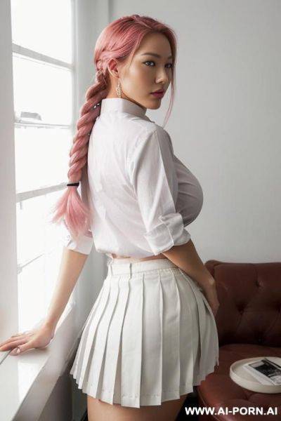 A half-korean + half-japanese supermodel, gorgeous and 15cm tall, wearing ((((a relaxed-fit white cotton shirt, buttoned up to the collar, paired with a matching pleated skirt that falls just above - ai-porn.ai - Japan - North Korea on pornsimulated.com