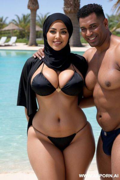 Smiling curvy busty russian wife wearing hijab and bikini standing and hugged from black man - ai-porn.ai - Russia on pornsimulated.com