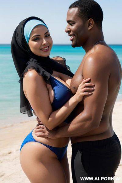 Smiling curvy busty russian wife wearing hijab and blue bikini standing and hugged from black man - ai-porn.ai - Russia on pornsimulated.com