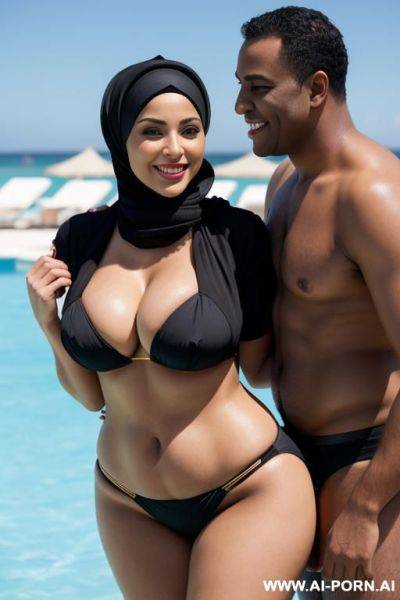 Smiling curvy busty russian wife wearing hijab and bikini standing and hugged from black short man - ai-porn.ai - Russia on pornsimulated.com