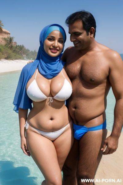 Smiling curvy busty white wife wearing hijab and blue bikini standing and hugged from indian man - ai-porn.ai - India on pornsimulated.com