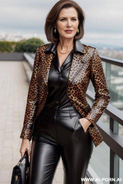 Leopard pattern leather coat, black leather trousers, high resolution picture, very detailled face, highly closed blouse, on a sunny terrace - ai-porn.ai on pornsimulated.com