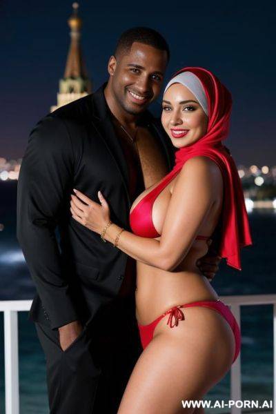 Smiling curvy busty russian wife wearing hijab and colored bikini standing and hugged from black man in night - ai-porn.ai - Russia on pornsimulated.com