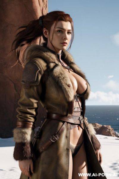 Aloy, horizon zero daw, realistic photo game ,same face as character the game, big breasts, hard niplees, s in the face, nude only long open coat, full body view, very hairy pussy, realistic - ai-porn.ai on pornsimulated.com