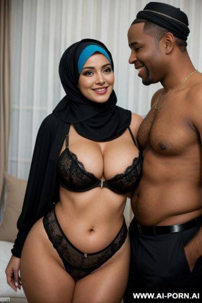 Smiling curvy busty russian wife wearing hijab and colored lingerie standing and hugged from black man - ai-porn.ai - Russia on pornsimulated.com