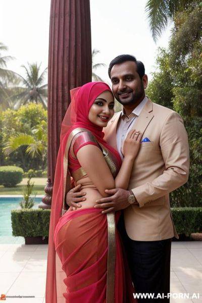 Smiling curvy busty russian wife wearing hijab and colored saree standing exhibition nude and hugged from indian man - ai-porn.ai - Russia - India on pornsimulated.com