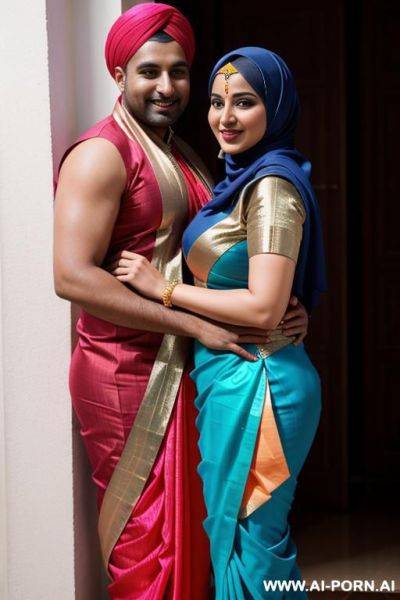 Smiling curvy busty russian wife wearing hijab and colored saree standing and hugged from indian man - ai-porn.ai - Russia - India on pornsimulated.com