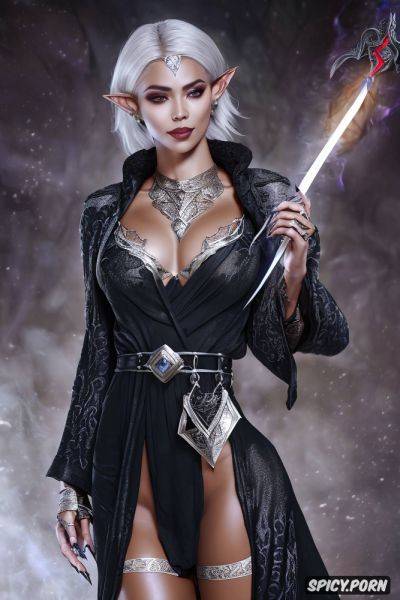 Fantasy female elf sorcerer dragon age beautiful face ebony skin silver hair full body shot - spicy.porn on pornsimulated.com