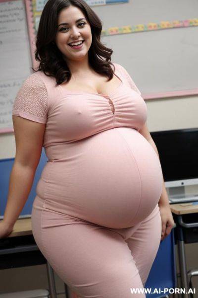 A picture of an obese teacher being thrown at by a while she is smiling and also pregnant - ai-porn.ai on pornsimulated.com