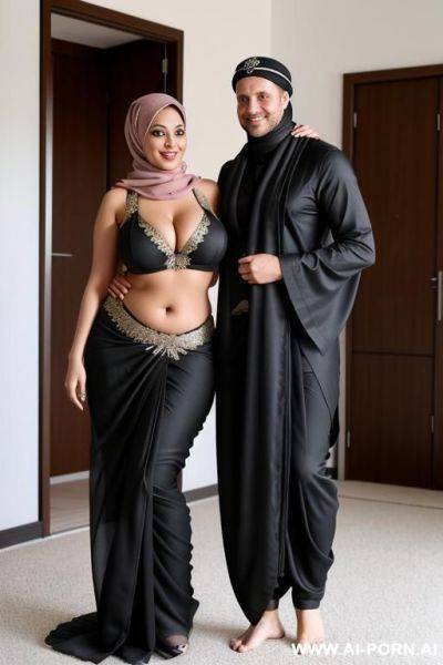 Smiling curvy busty swedish wife wearing hijab and black saree revealing body undress topless and bottomless standing and hugged from scandinavian man - ai-porn.ai - Sweden on pornsimulated.com