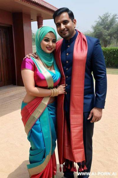 Smiling curvy busty russian wife wearing hijab and colored saree revealing body standing and hugged from indian man - ai-porn.ai - Russia - India on pornsimulated.com