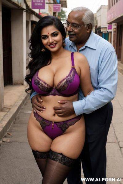 Smiling curvy busty indian wife wearing colored lingerie standing and hugged from old black man in street - ai-porn.ai - India on pornsimulated.com