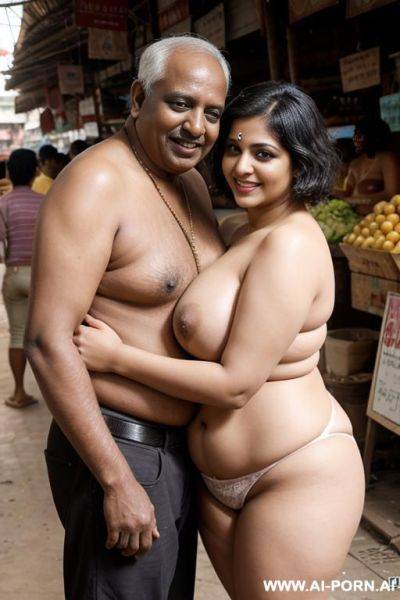 Smiling curvy busty white indian wife with messy short hair fully naked standing and hugged from old black man in market - ai-porn.ai - India on pornsimulated.com